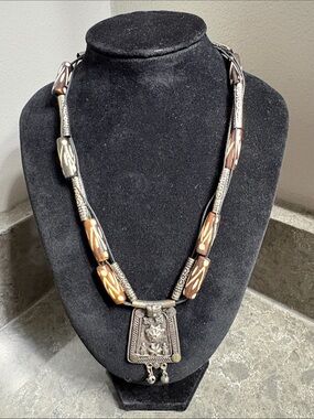 Boho Tribal Statement Necklace Silver Tone Pendant